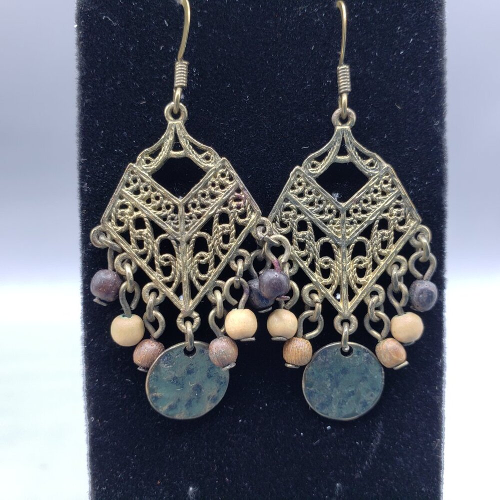 Bronze Colored Chandelier Earrings with Bead and Pierced Metal Accents